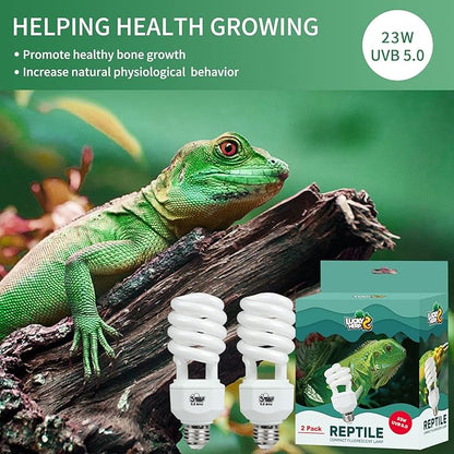LUCKY HERP 2 Pack UVA UVB Reptile Light, 23W 5.0 UVB Bulb for Tropical and Sub Tropical Reptiles, Compact Fluorescent Terrarium Lamp, Reptile UVB Bulb for Chameleons, Lizard, Turtle LUCKYHERP