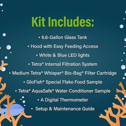 GloFish Aquarium Starter Kit, 6.6 Gallon Fish Tank, Includes Blue & White LED Lights, Tetra Whisper Bio-Bag Filter & Thermometer GloFish