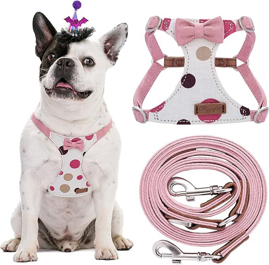 Puppytie No Pull Dog Harness with Multifunction Dog Leash,Soft Adjustable No Choke Escape Proof Pet Harness Vest for Medium Dogs,Polka dots Pink,M Puppytie