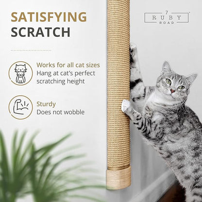 7 Ruby Road Wall Mounted Cat Scratching Post - Wall Mount Wooden Sisal Cat Scratcher & Vertical Scratch Pad (Replaceable) - Modern Cat Wall Furniture for Indoor Cats or Kittens (29.5 x 6 in) - PAWPICO