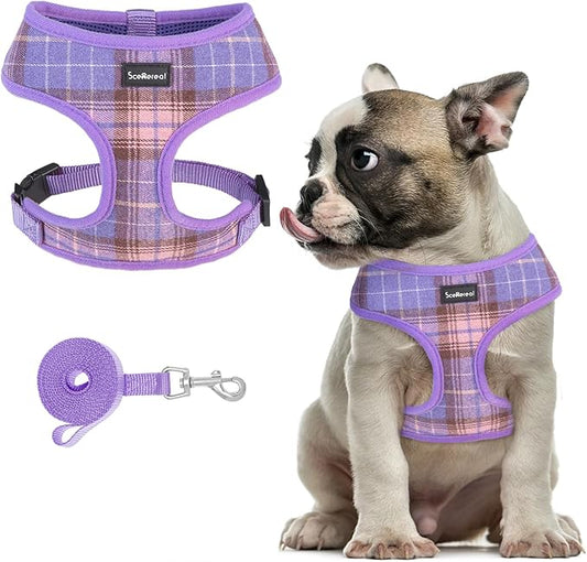 SCENEREAL Puppy Dog Harness with Leash Set for Small Medium Sized Dogs, Soft Mesh Step in Pet Harnesses and Leash, No Chock Plaid Adjustible No Pull Vest for Dogs Cats, Chihuahua,Bulldog (Purple M) SCENEREAL