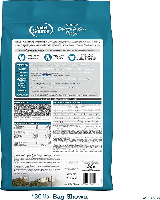 NutriSource Adult Dog Food, Made with Chicken and Rice, with Wholesome Grains, 30LB, Dry Dog Food - PAWPICO