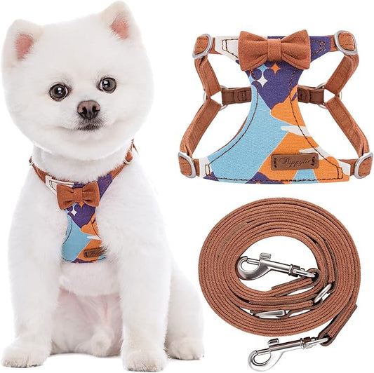 Puppytie No Pull xs Dog Harness with Multifunction Dog Leash,Soft Adjustable No Choke Escape Proof Pet Harness Vest,Suede Bow Brown,XS Puppytie