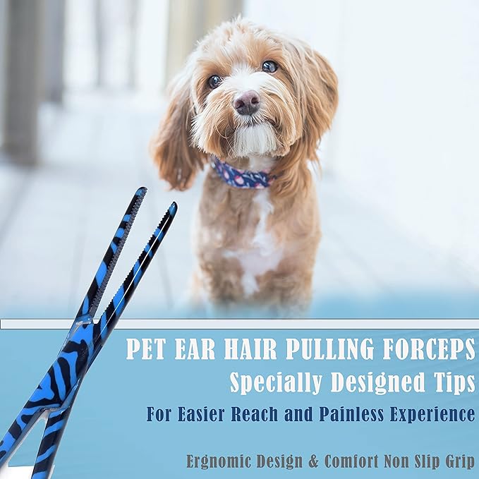 Dog Pet Ear/Nose Hair Puller Grooming Hemostat Locking Forceps Pliers, 5.5" (14cm), Straight (Blue Swirls) A2Z+SCILAB