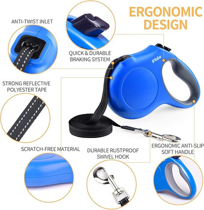 Fida Retractable Dog Leash, 16ft Heavy Duty Pet Walking Leash for Medium/Large Dog up to 110 lbs, Tangle Free. One-Hand Brake (Large, Blue) - PAWPICO