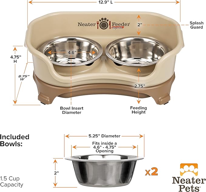Neater Feeder - Express Model - Mess-Proof Dog Bowls (Small, Cappuccino) – Made in USA – Elevated, No Spill, Non-Tip, Non-Slip, Raised Stainless Steel Food & Water Pet Bowls - PAWPICO