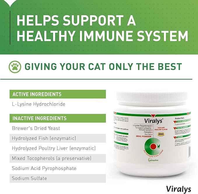 Vetoquinol Viralys L-Lysine Supplement for Cats - Cats & Kittens of All Ages - Immune Health - Sneezing, Runny Nose, Squinting, Watery Eyes - Flavored Lysine Powder Vetoquinol