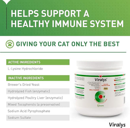 Vetoquinol Viralys L-Lysine Supplement for Cats - Cats & Kittens of All Ages - Immune Health - Sneezing, Runny Nose, Squinting, Watery Eyes - Flavored Lysine Powder Vetoquinol