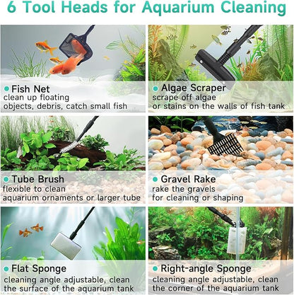 hygger 6-in-1 Aquarium Cleaning Tools, Multipurpose Fish Tank Cleaning Kit for 20-160 Gallon Tank with Telescopic Long Handle,6 Clean Heads hygger