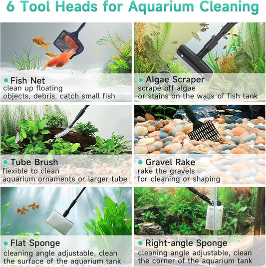 hygger 6-in-1 Aquarium Cleaning Tools, Multipurpose Fish Tank Cleaning Kit for 20-160 Gallon Tank with Telescopic Long Handle,6 Clean Heads hygger