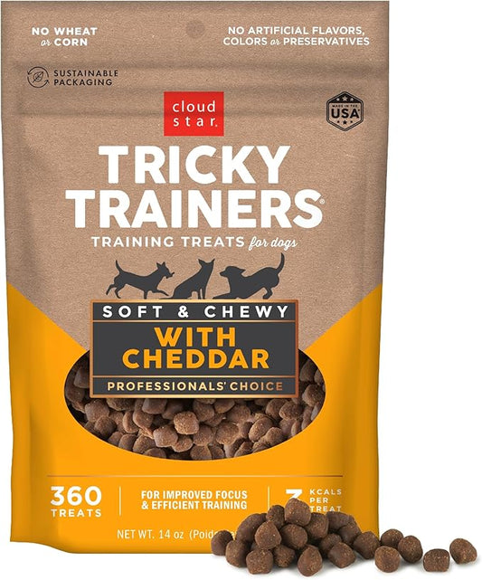 Cloud Star Tricky Trainers Soft & Chewy Dog Training Treats 14 oz Pouch, Cheddar Flavor, Low Calorie Behavior Aid with 360 treats - PAWPICO