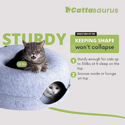 CATTASAURUS Peekaboo Cat Cave for Multiple & Large Cats Up to 30-45 Lbs, Scratch Detachable & Washable Tunnel Bed, Comfy Donut Cat Cave (Light Gray, Large) - PAWPICO