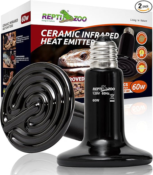 REPTI ZOO 2Pack Ceramic Heat Emitter 60W Reptile Heat Lamp Night Heat Lamp Bulbs Reptile Terrarium Heat lamp Tank Heat Bulb for Turtle Bearded Dragon Gecko Lizard Snake Chicken E26 REPTIZOO