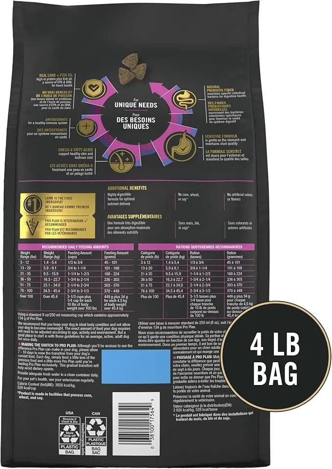 Purina Pro Plan Sensitive Skin and Sensitive Stomach Dog Food Lamb and Oat Meal Formula - 4 lb. Bag - PAWPICO