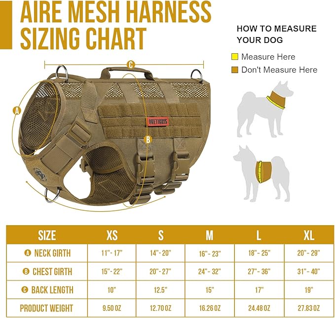 OneTigris No Pull Tactical Dog Harness for Medium Large Dog, Mesh Design Breathable Service Dog Vest with Handle, Military Dog Vest Harness with Molle Panels for Walking Hiking Training (XL, Brown) OneTigris
