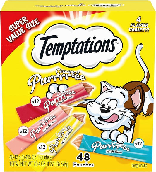 Temptations Creamy Puree with Beef Liver, Salmon, Chicken, and Tuna Squeezable Lickable Wet Cat Treat Variety Pack, 0.42 oz. Tubes, Pack of 48 Temptations