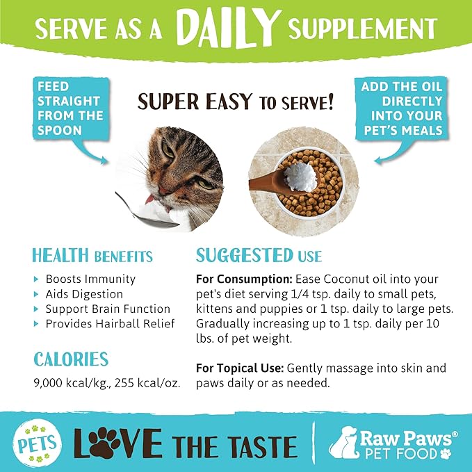 Raw Paws Virgin Organic Coconut Oil for Dogs & Cats, 16-oz - Treatment for Itchy Skin, Dry Nose, Paws - Hot Spot Lotion for Dogs - Natural Hairball Remedy for Dogs Raw+Paws+Pet+Food