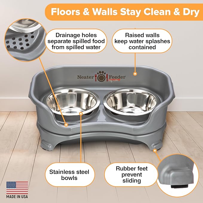 Neater Feeder Express Small Mess Proof Feeder for Small Dogs, 1.5 Cup Stainless Steel Bowls, No Spill, Non-Tip, Non-Slip Dog Bowls. Made in USA - PAWPICO