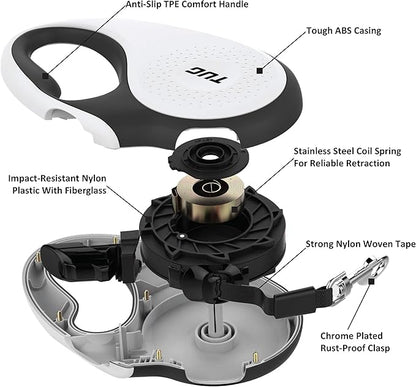 TUG 360° Tangle-Free Retractable Dog Leash | 16 ft Strong Nylon Tape | One-Handed Brake, Pause, Lock (Medium, White) TUG