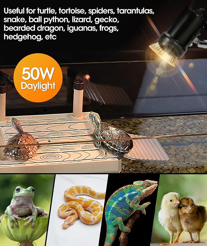 (2nd Gen) 50W Reptile Heat Lamp Turtle Lamp UVA UVB Bulb with Compact Fixture Basking Light Simulated Sunlight Heat Bulbs for Reptiles Amphibians Turtle Bearded Dragon Lizard Snake Chicken GeeKoit