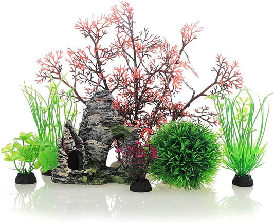 JIH Aquarium Fish Tank Plastic Plants and Cave Rock Decorations Decor Set 7 Pieces, Small and Large Artificial Fish Tank Plants with Cave Rock (CU89Red-7) JIH