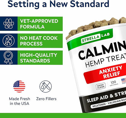 STRELLALAB Vet Formulated Hemp Calming Chews for Dogs - Anxiety Relief Calming Treats - Advanced Melatonin Pet Calm - Natural Sleep Aid & Stress, Separation Anxiety Relief - 120 Treats - Bacon STRELLALAB