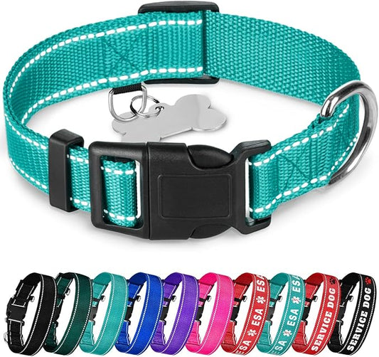 TECEUM Reflective Pet Collar – Teal – M – Basic Nylon Dog Collar – Quick Release Buckle – Fits Small, Medium and Large Dogs, Puppies, Cats – ESA & Service Dog Options TECEUM