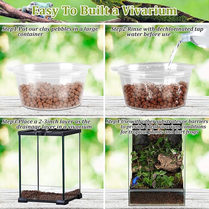 Riare 6LBS Expanded Clay Balls Terrarium Substrate for Reptiles - 100% Organic Lightweight Clay Pebbles Substrate Frogs False Bottom Substrate, Bioactive Terrarium Substrate for Drainage and Moisture Riare