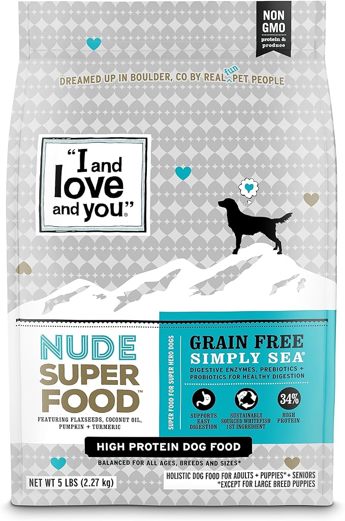I and love and you Nude Super Food Dry Dog Food - Salmon + Whitefish - Prebiotic + Probiotic, Grain Free, Real Meat, No Fillers, 5lb Bag - PAWPICO