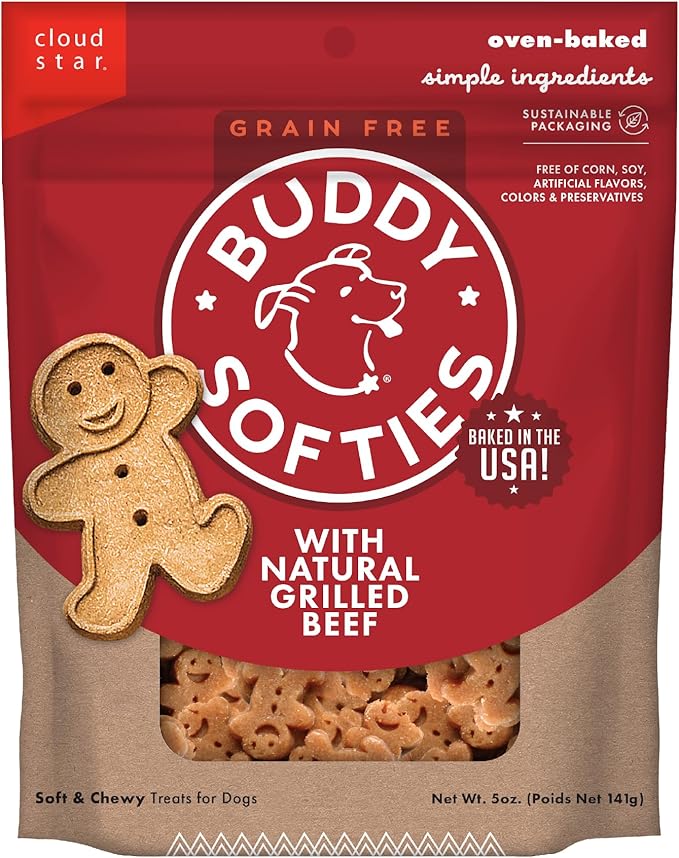 Buddy Biscuits Softies 5 oz Pouch, Grain-Free Soft & Chewy, Natural Grilled Beef Flavor Dog Treats, Oven Baked in The USA - PAWPICO