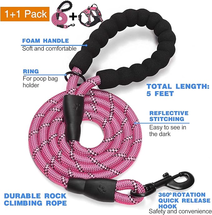 tobeDRI No Pull Dog Harness Adjustable Reflective Oxford Easy Control Medium Large Dog Harness with A Free Heavy Duty 5ft Dog Leash (XL (Neck: 21.5"-33", Chest: 30"-39.5"), Pink Harness+Leash) - PAWPICO