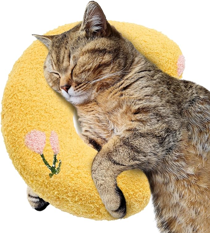 ucho Pillow for Cats, Ultra Soft Fluffy Pet Calming Toy Half Donut Cuddler, U-Shaped Pillow for Pet Cervical Protection Sleeping Improve- Yellow ucho