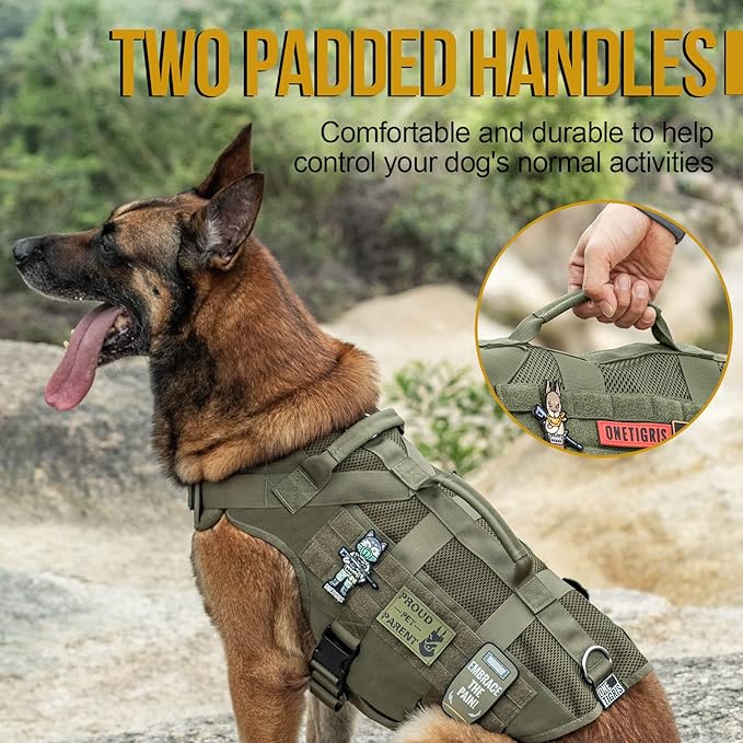OneTigris No Pull Tactical Dog Harness for Medium Dog, Aire Mesh Service Dog Harness Breathable Military Dog Molle Vests with Handles, Service Dog Vest Harness for Walking Hiking Training Green OneTigris