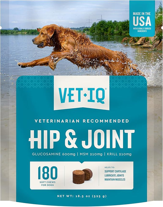 VetIQ Glucosamine Hip & Joint Supplement for Dogs, 180 Soft Chews, Dog Joint Support Supplement with MSM and Krill, Dog Health Supplies Large & Small Breed, Chicken Flavored Chewables VetIQHealthSupplements