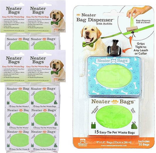 Neater Pets Neater Bags - Dog Waste Poop Bags - Dispense One at a Time Like Tissues - No Rolls to Fuss With - Easy-Tie Handles - Dispenser Attaches to any Leash (210 Bags, Blue Bone & Paw Print) - PAWPICO