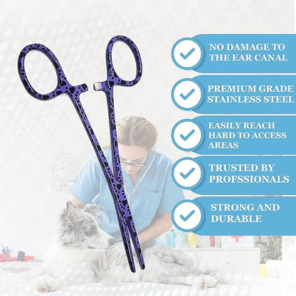 Dog Pet Ear/Nose Hair Puller Grooming Hemostat Locking Forceps Pliers, 5.5" (14cm), Straight (Purple Paws) A2Z+SCILAB