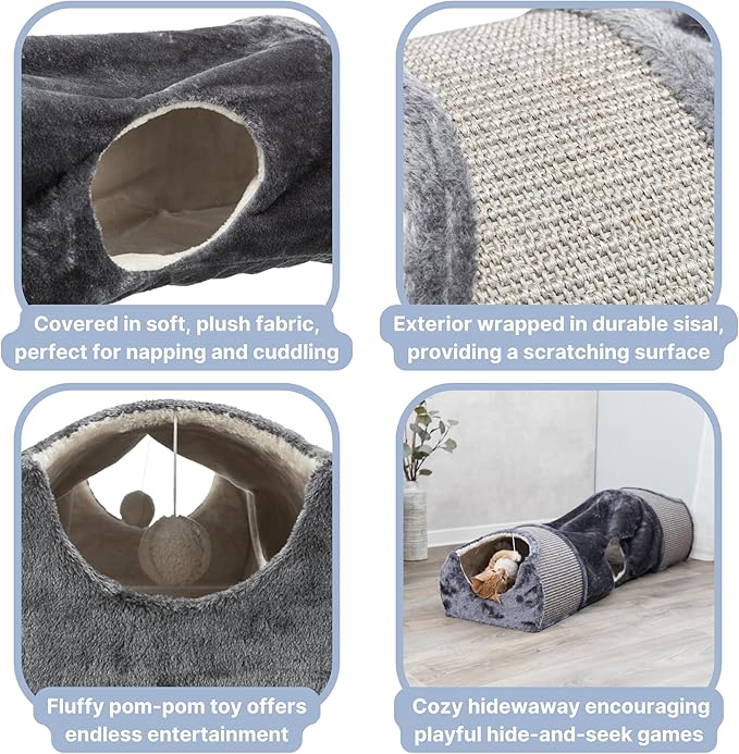 TRIXIE Cat Tunnel for Indoor Cats - Cozy Peekaboo Cat Cave Including Dangling Cat Toys - with Sturdy Sisal Scratching Surfaces - Collapsable and Easy to Store Cat Tube - in Gray - PAWPICO