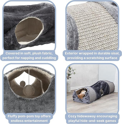 TRIXIE Cat Tunnel for Indoor Cats - Cozy Peekaboo Cat Cave Including Dangling Cat Toys - with Sturdy Sisal Scratching Surfaces - Collapsable and Easy to Store Cat Tube - in Gray - PAWPICO