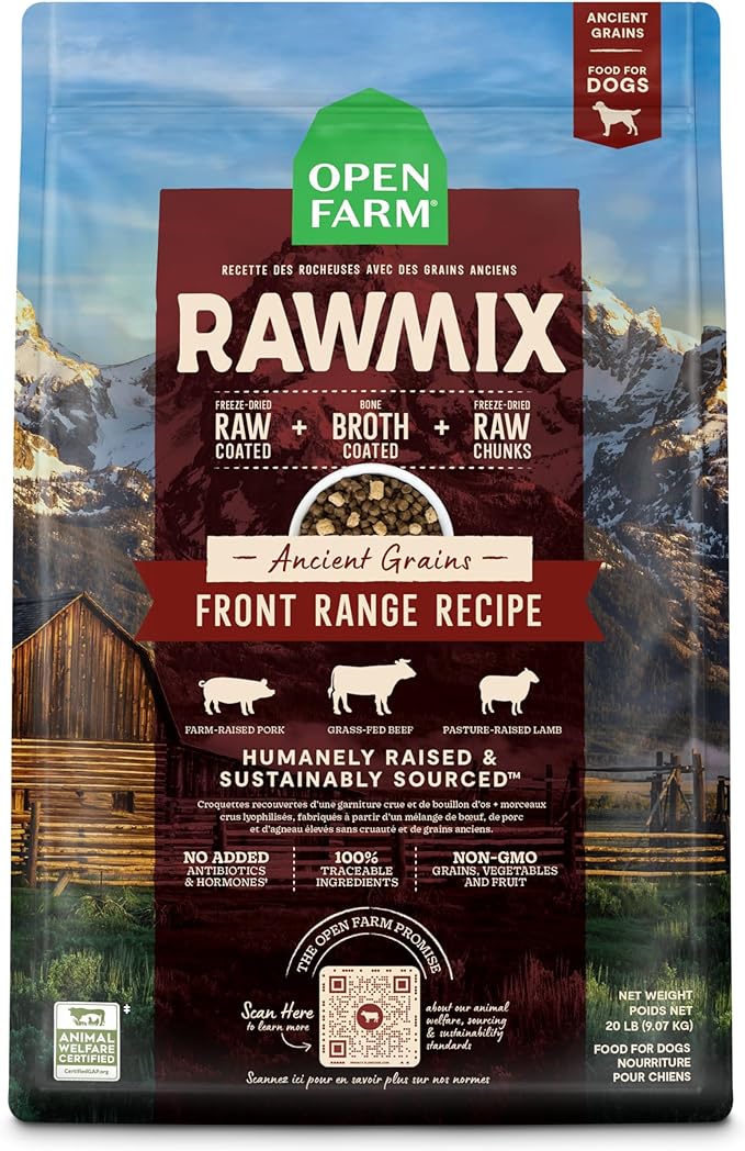 Open Farm RawMix Ancient Grains Front Range Recipe for Dogs, Includes Kibble, Bone Broth, and Freeze Dried Raw, Inspired by The Wild, Humanely Raised Protein and Non-GMO Fruits and Veggies, 20 lb - PAWPICO