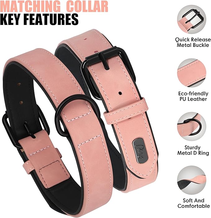 Didog Soft Padded Leather Dog Collar and Leash Set, Heavy Duty Pink Dog Leash and Collar Set with Metal Buckle, Breathable Dog Collars with 4FT Leather Dog Leash for Small Medium Large Dogs, Pink, L Didog