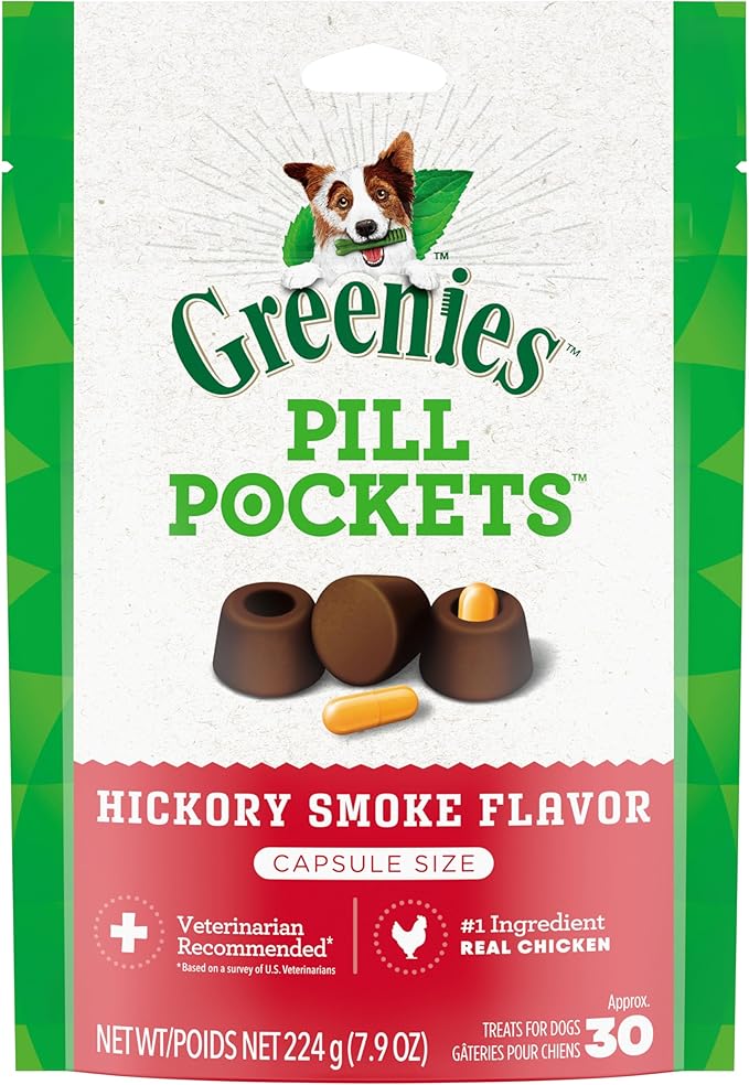 Greenies Pill Pockets for Dogs Capsule Size Natural Soft Dog Treats, Hickory Smoke Flavor, 7.9 oz. Pack (30 Treats) - PAWPICO