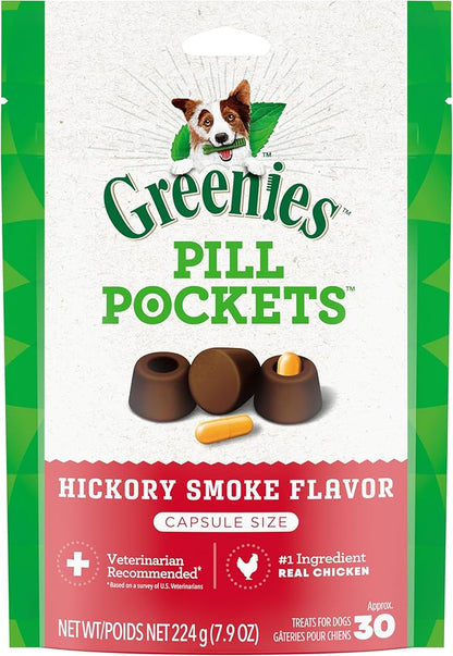 Greenies Pill Pockets for Dogs Capsule Size Natural Soft Dog Treats, Hickory Smoke Flavor, 7.9 oz. Pack (30 Treats) - PAWPICO
