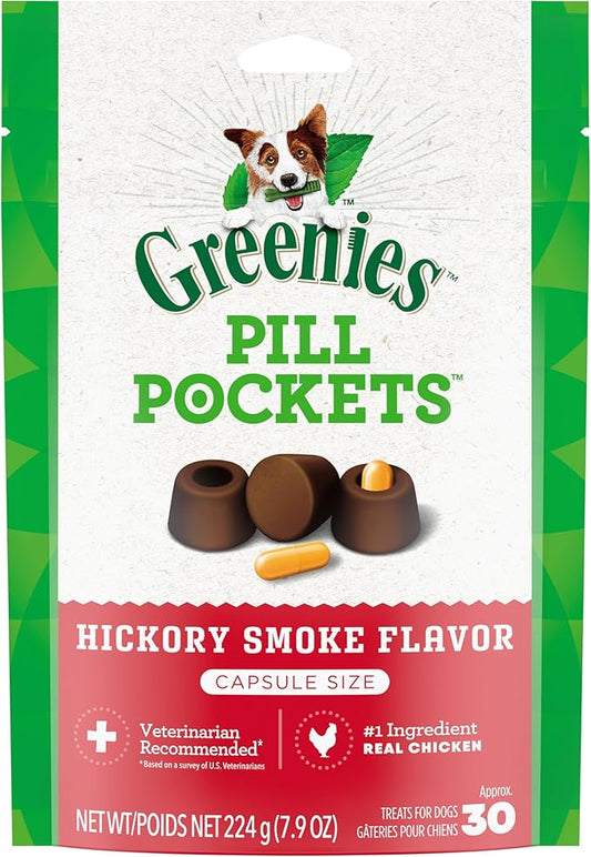 Greenies Pill Pockets for Dogs Capsule Size Natural Soft Dog Treats, Hickory Smoke Flavor, 7.9 oz. Pack (30 Treats) - PAWPICO