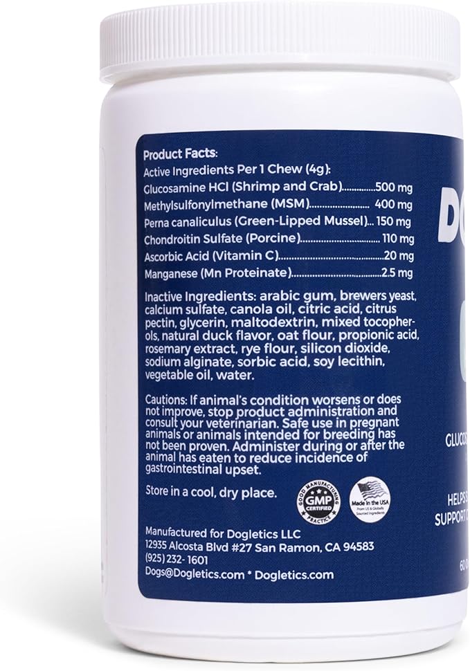 Advanced Hip & Joint Supplements for Dogs, USA Made with Glucosamine & Green Lipped Muscle for Mobility Health, 60ct Dogletics