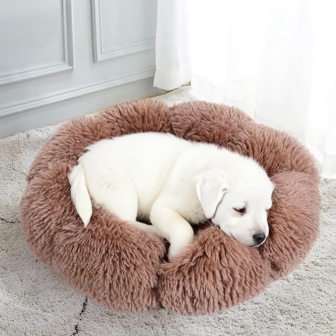 Cat Bed Cute, 19.7" Washable Kahki Donut Bed for Indoor Cats and Small Dogs, Soft Calming Cute Flower Fluffy Round Donut Cat Beds, Anti Anxiety Pet Bed, Self-Warming Bed,Khaki - PAWPICO