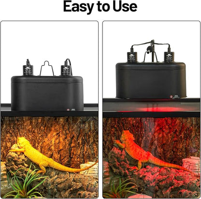 Dual Reptile Light Fixture with Separate Switches, 11.2in Double Dome Light Fixtures for Reptile Heat Lamp, Max 150W, Terrarium Habitat UVB Light Fixture for Reptiles Amphibians CAVACHEWReptileSupplies
