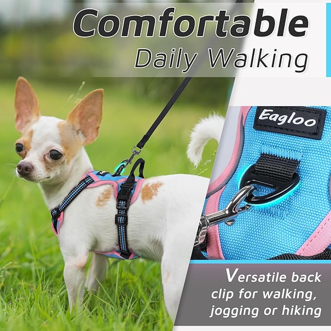 Eagloo Dog Harness for Large Dogs, No Pull Service Vest with Reflective Strips and Control Handle, Adjustable and Comfortable for Easy Walking, No Choke Harness with 2 Metal Rings, Pink & Blue, XS GoExplorewithEagloo