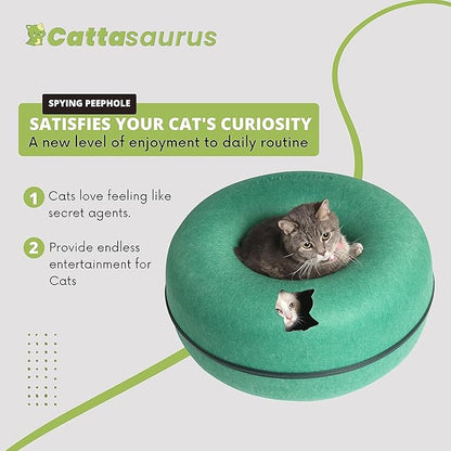 CATTASAURUS Peekaboo Cat Cave for Multiple & Large Cats Up to 30-45 Lbs, Scratch Detachable & Washable Tunnel Bed, Comfy Donut Cat Cave (Forest Green, Large) - PAWPICO