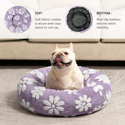 Donut Dog Beds for Small Dogs, Calming Round Cat Beds for Indoor Cats, Cute 3D Textured Flower Pet Bed with Removable Washable Cover and Anti-Slip Bottom（Purple，23"） - PAWPICO