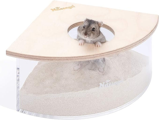 Niteangel Animal Sand-Bath Box: - Acrylic Critter's Sand Bath Shower Room & Digging Sand Container for Hamsters Mice Lemming Gerbils or Other Small Pets (Triangle, Birch-Wood) Niteangel